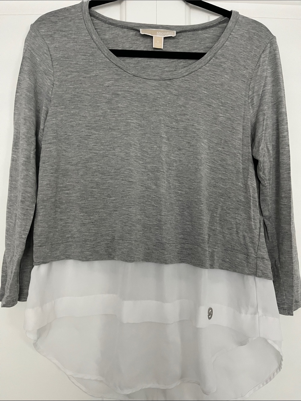 Michael Kors Gray Knit Layered Top with White Chiffon Hi-Low Hem